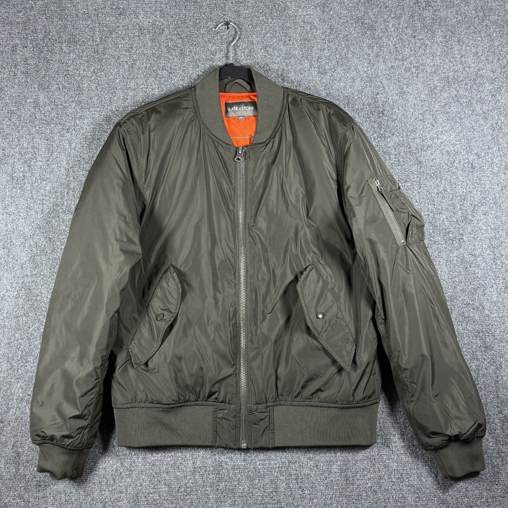 Slate & Stone Nylon Bomber Zip Up Jacket Olive Green MA-1 Mens Size Medium